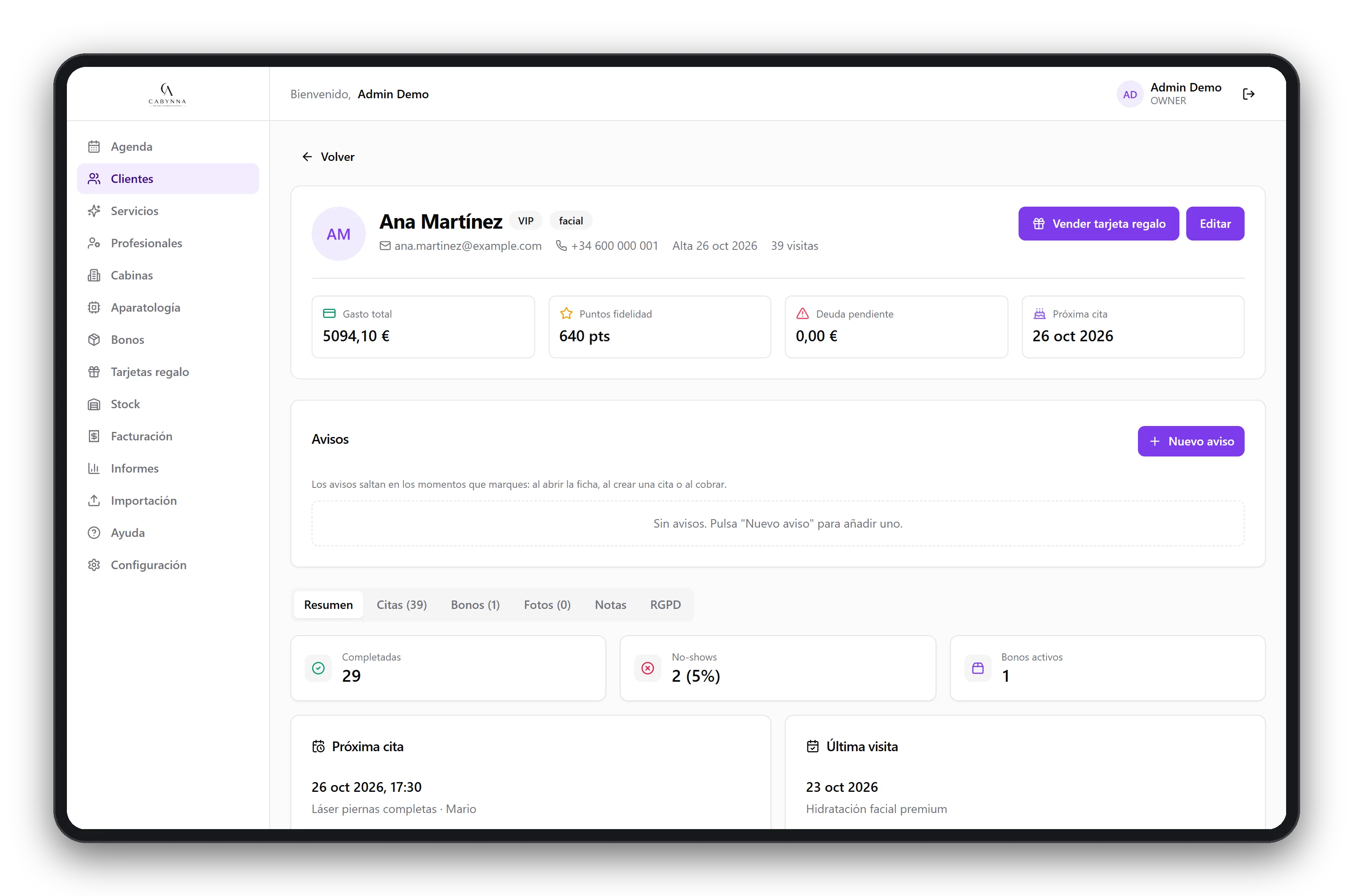 Cabynna: pantalla de ficha de cliente
