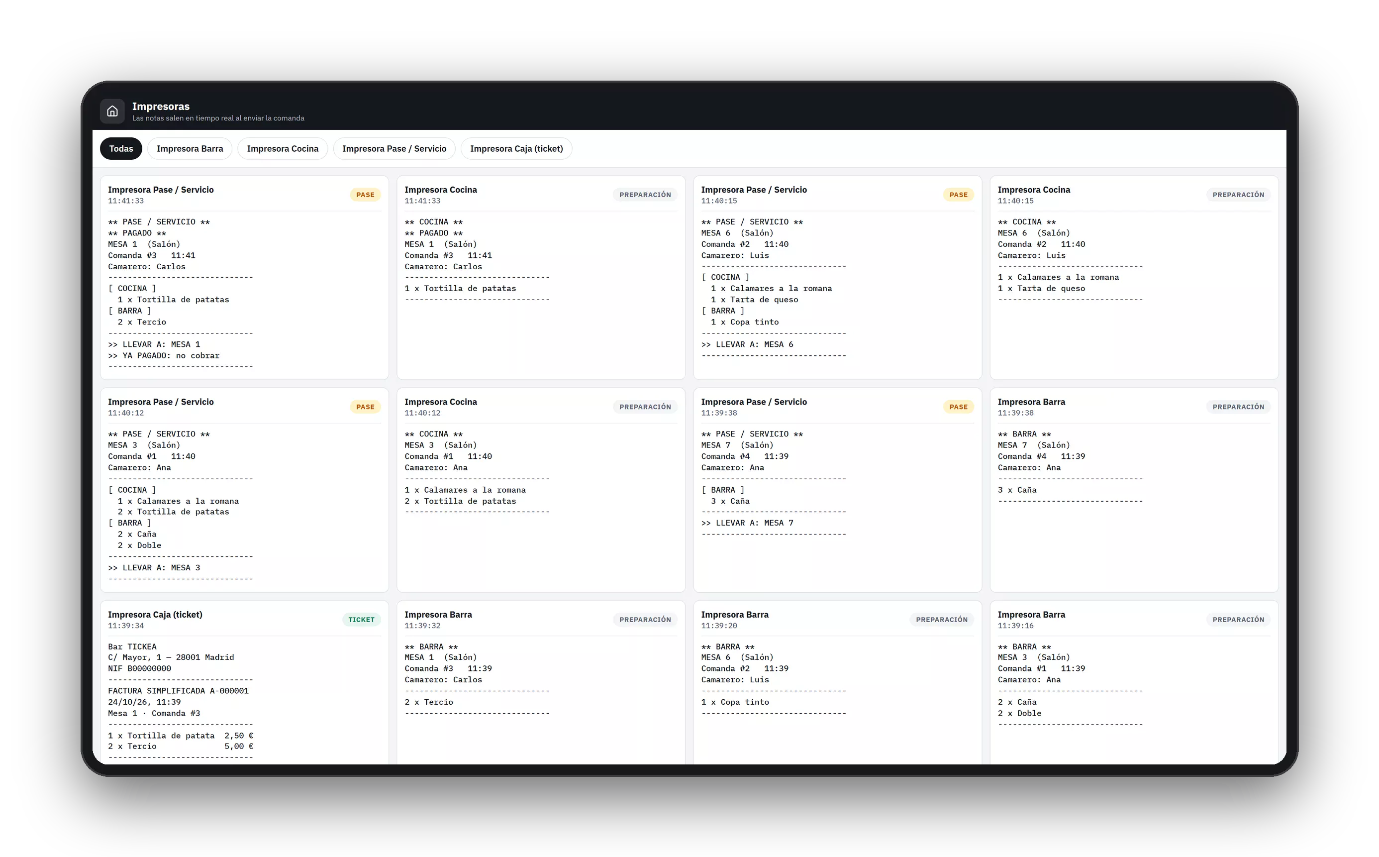 Tickea: Notas impresas por estación: barra, cocina, pase y ticket de caja