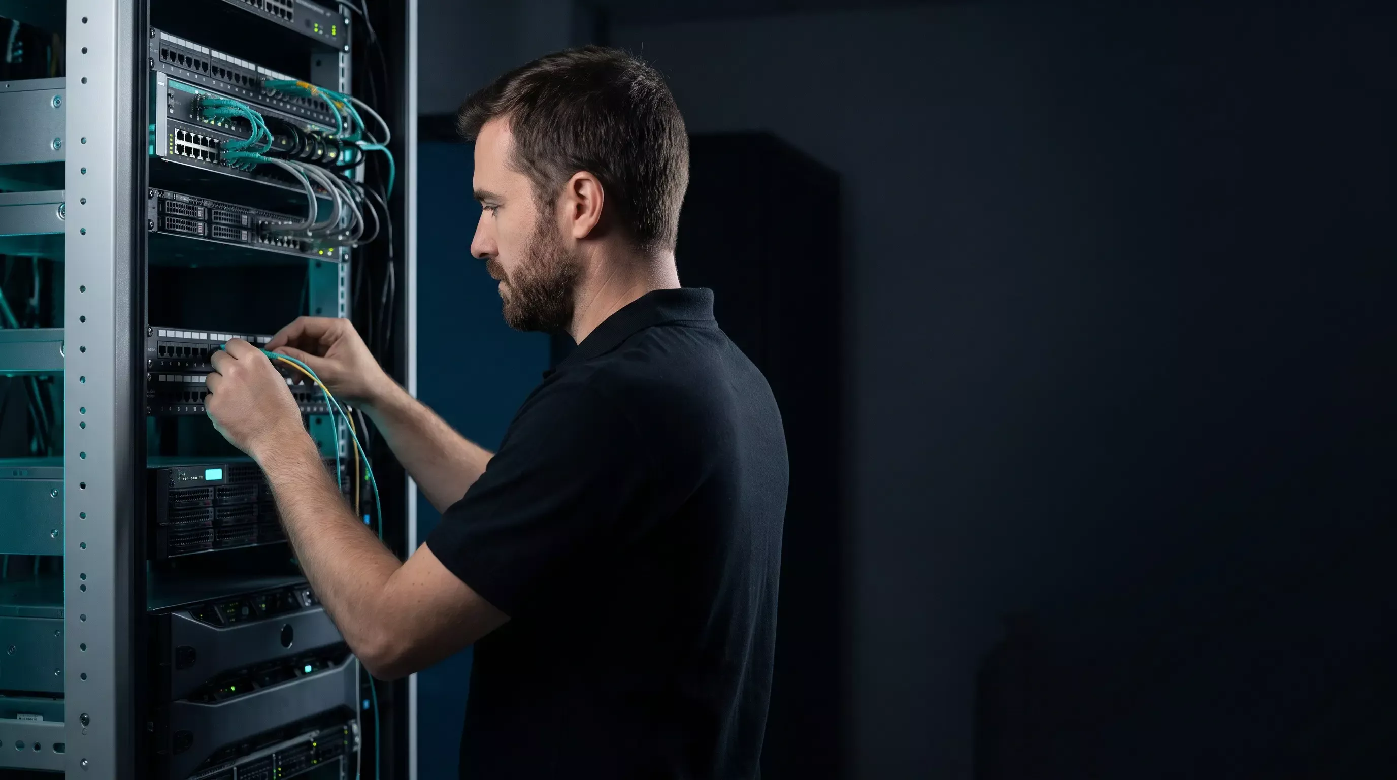 Técnico de GPC Innova conectando fibra en un armario rack